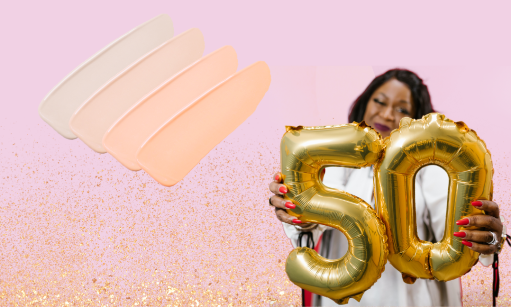 Women holding gold balloons that show the number 50 next to select shades of concealer swatches on a pick background.